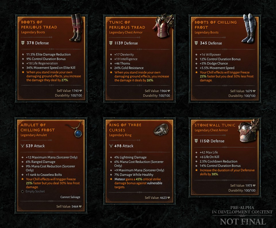 Examples of legendary items with legendary affixes from pre-alpha.