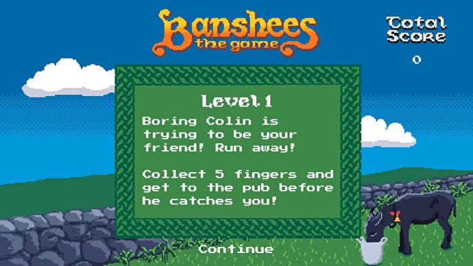 The menu screen for Level 1 of Banshees: The Game, showing Jenny the donkey in the corner