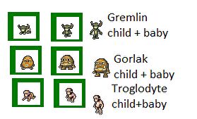 Some examples of baby sprites in Dwarf Fortress.