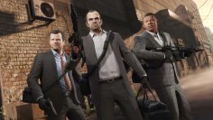 The story characters of GTA 5 stand next to each other heavily armed.